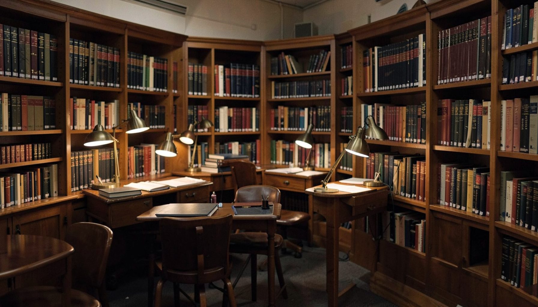 A quiet university library with rows of chemistry textbooks and journals on wooden shelves, warm amber desk lamps casting soft light across study tables, deep browns and muted golds dominating the scene.