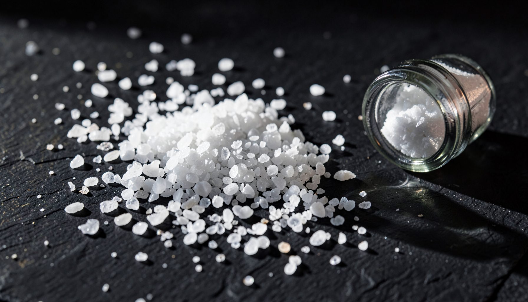 A close-up of coarse white salt crystals scattered across a dark slate surface, with a small glass salt shaker lying on its side nearby. The lighting is moody and directional, casting long shadows. Deep grays, muted whites, and subtle warm highlights dominate the scene.