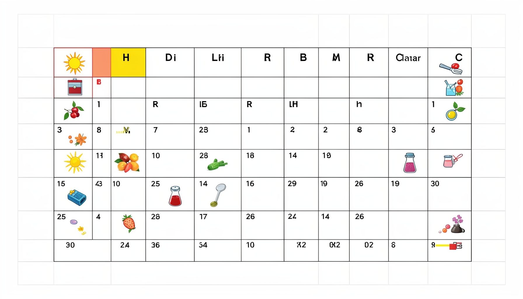 A colorful periodic table poster where each element cell includes a small illustration — a sun for hydrogen, a battery for lithium, a salt shaker for sodium — set against a clean white grid with bold element symbols and atomic numbers.