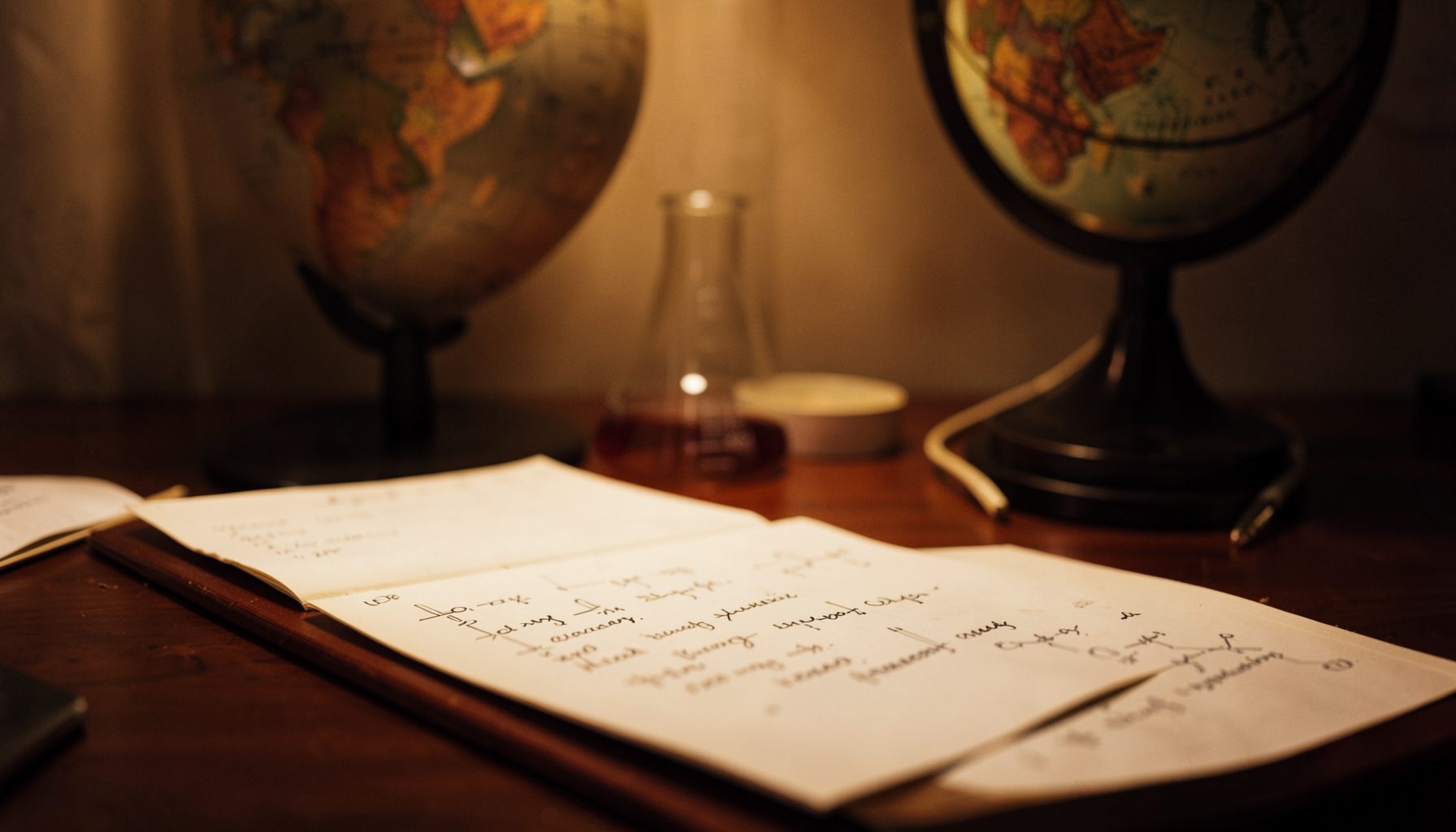 A warm, softly lit desk scene with handwritten chemistry notes, a beaker, and a globe in the background, rendered in deep browns, amber, and cream tones.