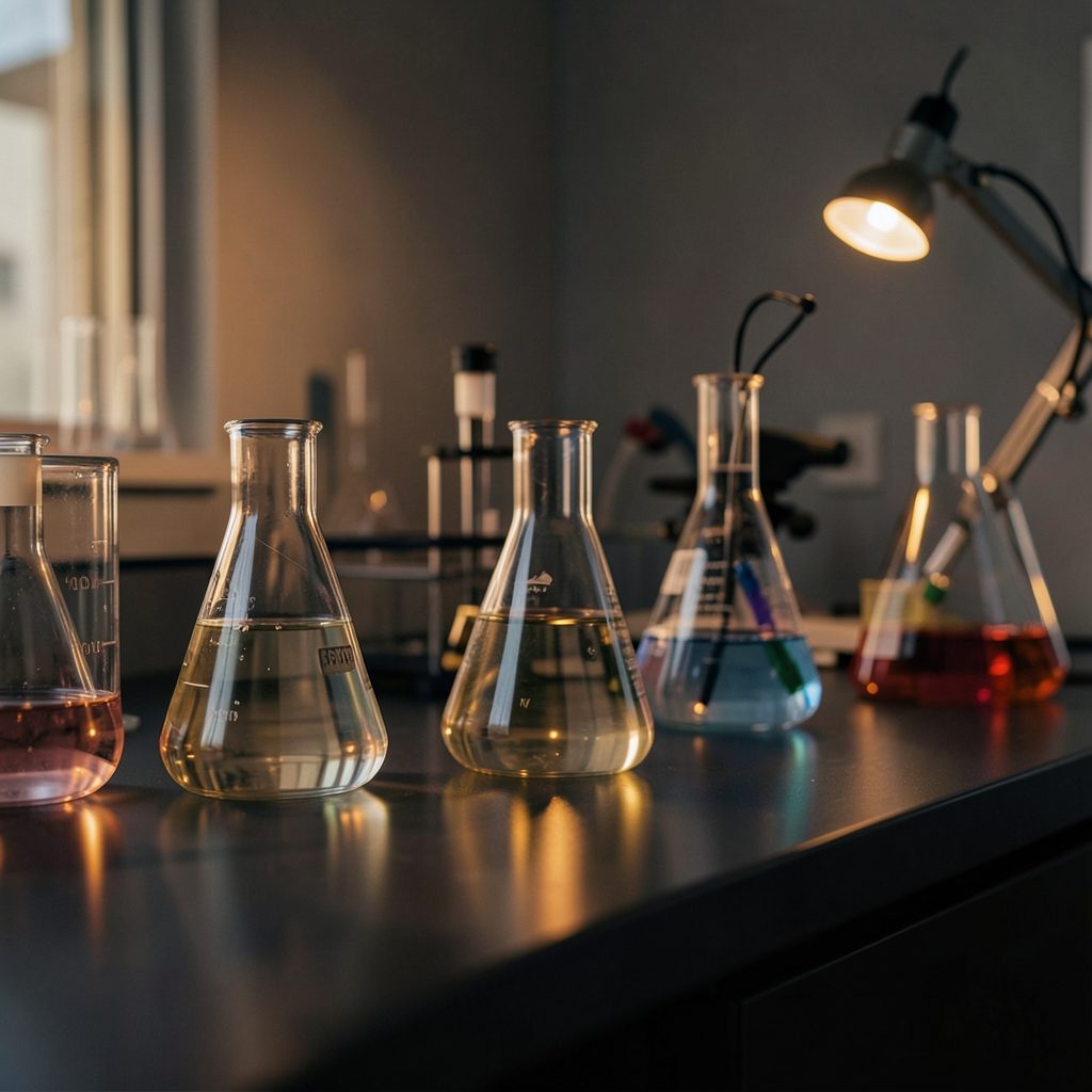 A softly lit laboratory workspace with glass beakers and flasks on a dark bench, warm amber and deep charcoal tones, calm and scholarly atmosphere