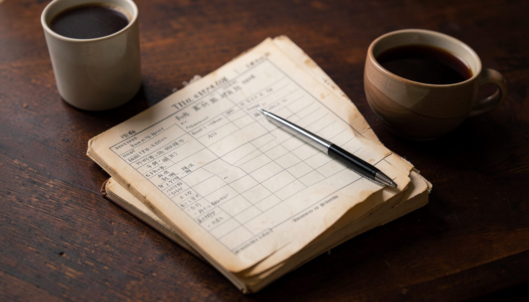 A softly lit desk with a worn printed syllabus booklet, a pen, and a coffee cup, warm browns and creams against a dark wood surface